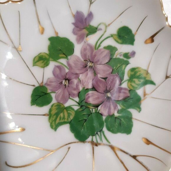 Nasco Purple Violet China Leaf Dish Tea Bag Trinket Gold Gilding Japan 5" - Picture 6 of 6